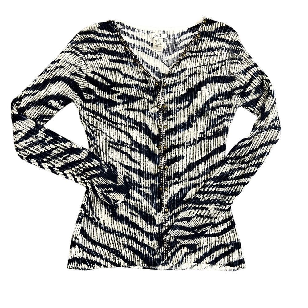 Cache Vintage Zipper Blue Zebra Print Long Sleeve Blouse Size L